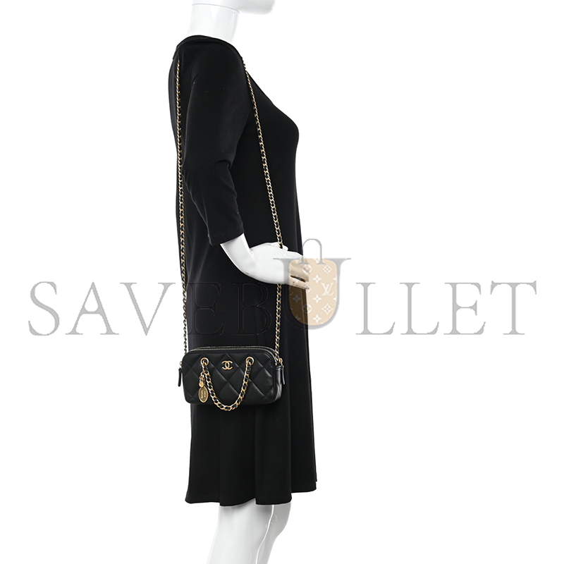 CHANEL CAVIAR QUILTED TOP HANDLE PHONE HOLDER WITH CHAIN BLACK AP3495 (18*11*4cm)